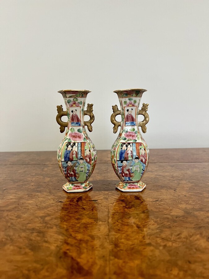 Antique Pair of antique Chinese famille rose small vases 