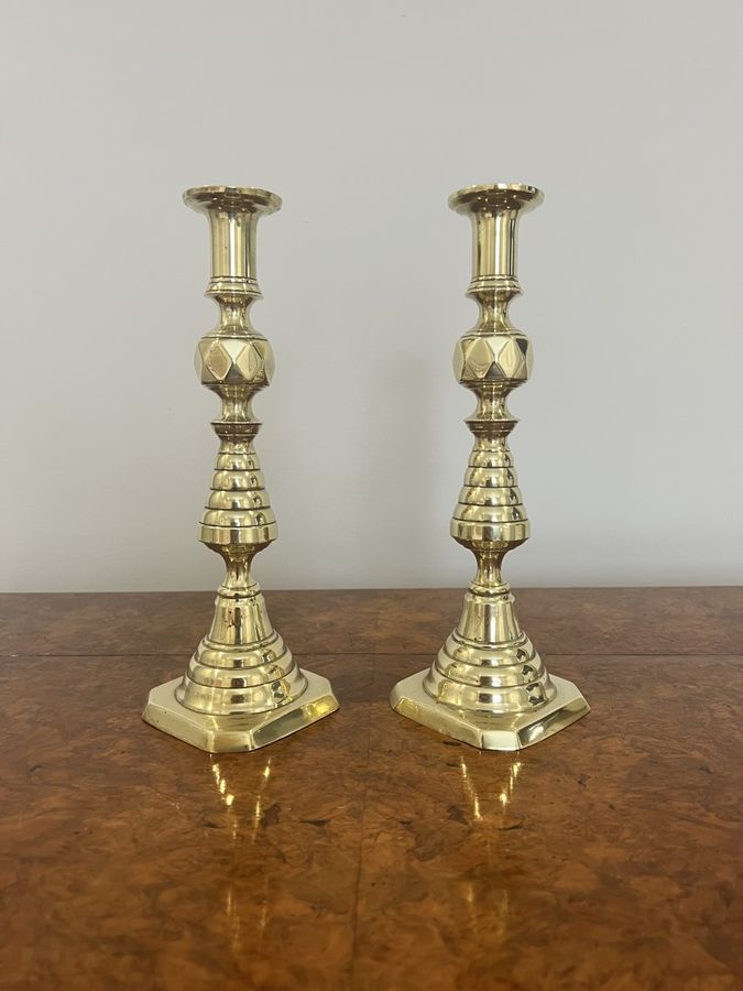 Pair Of Wonderfully Shiny Brass Beehive Antique Candlesticks, Victorian  Candleholders