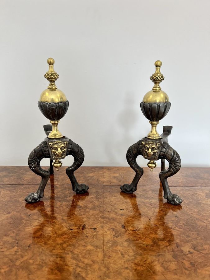 Pair of quality antique Victorian brass and iron fire dogs