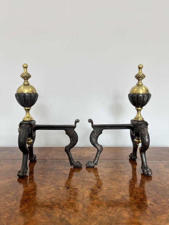 Antique Pair of quality antique Victorian brass and iron fire dogs 