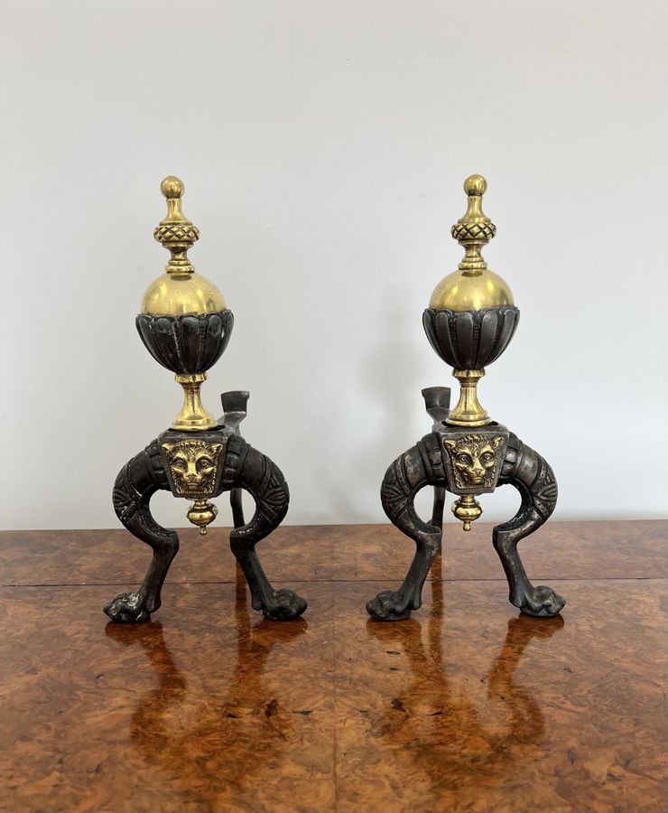 Antique Pair of quality antique Victorian brass and iron fire dogs 