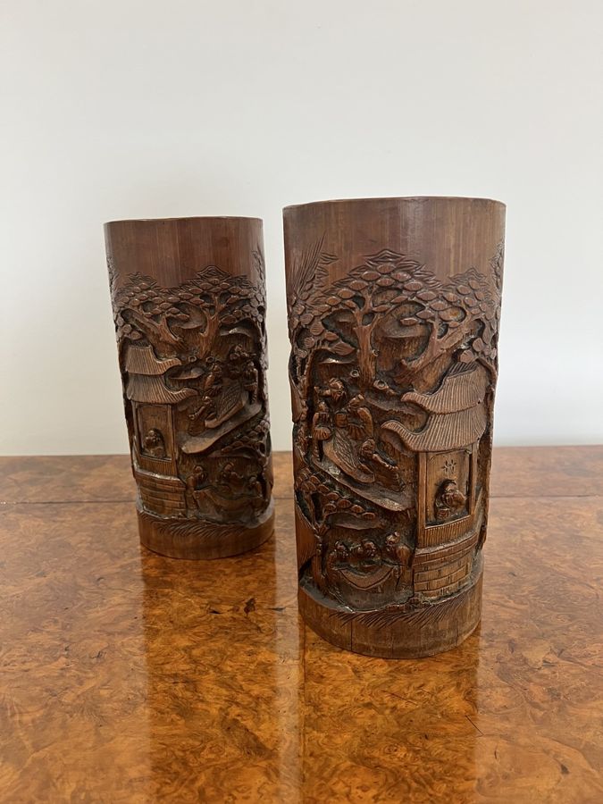 Antique Stunning pair of antique Chinese quality carved bamboo brush pots