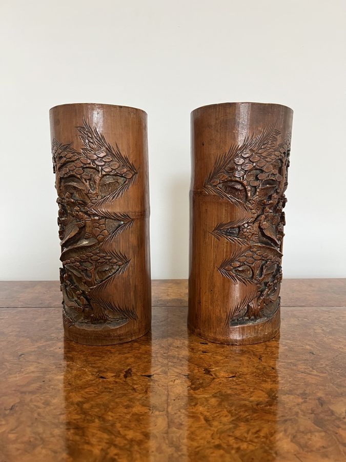 Antique Stunning pair of antique Chinese quality carved bamboo brush pots