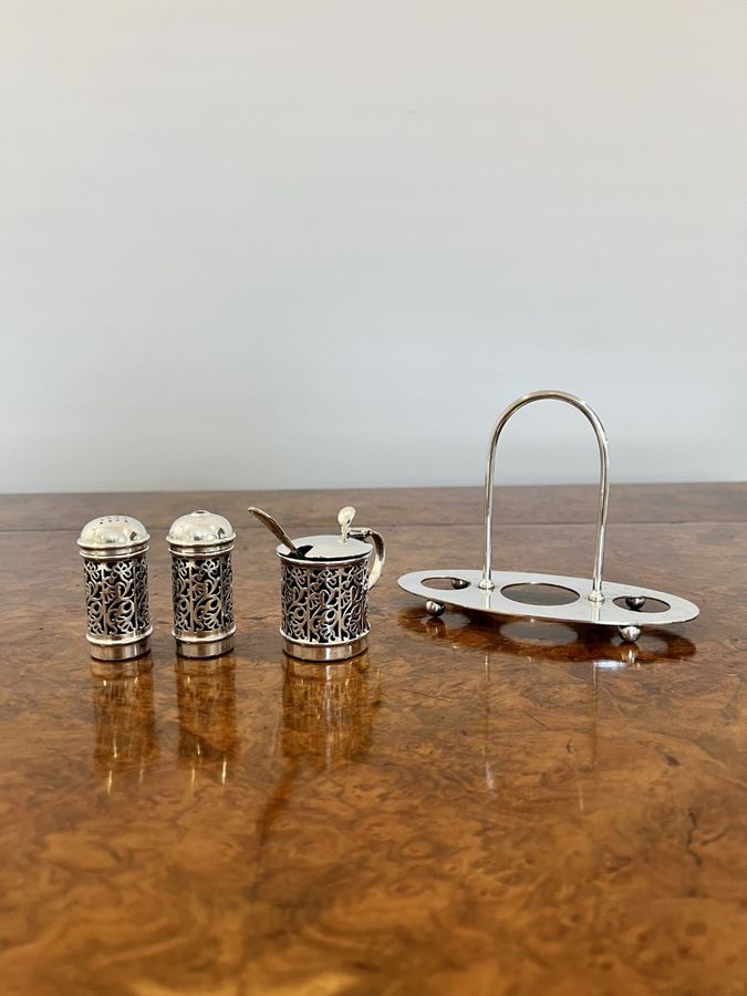 Antique Lovely antique Edwardian quality glass and silver plated cruet set 