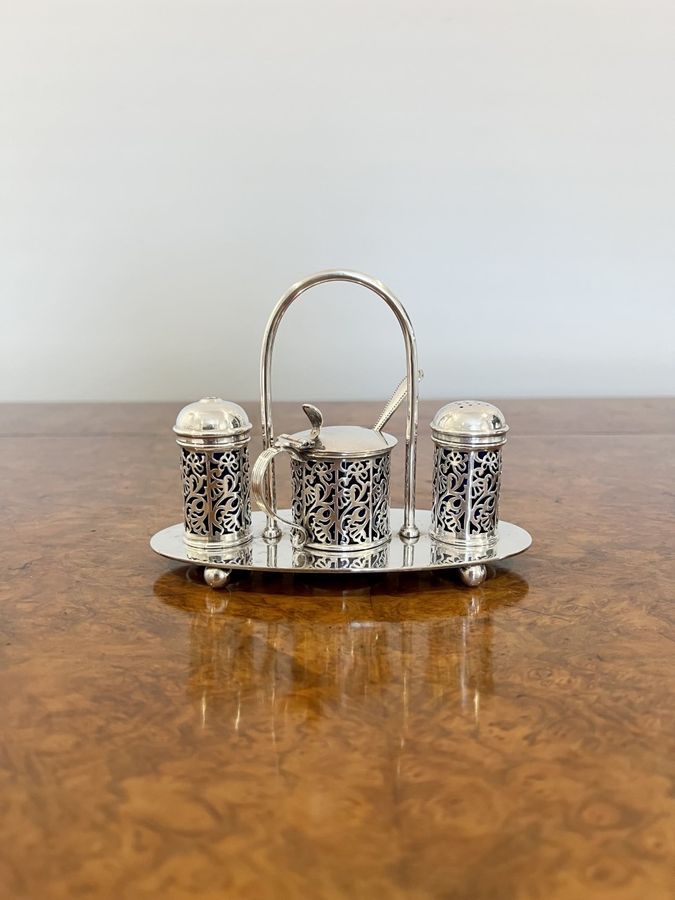 Antique Lovely antique Edwardian quality glass and silver plated cruet set 