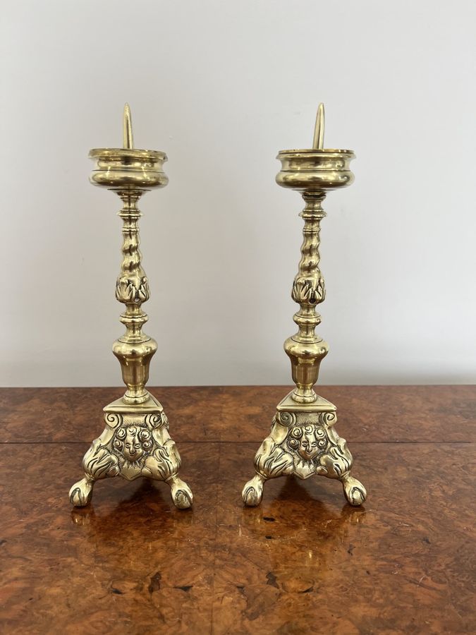 Antique Quality Pair of Unusual Antique Victorian Ornate Brass Pricket Candlestick