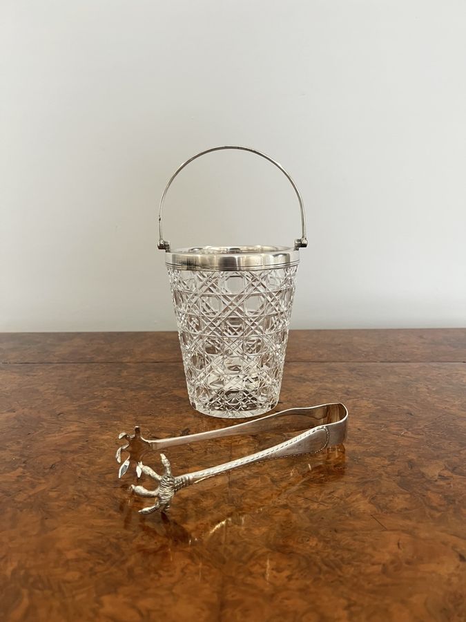 Antique Lovely antique Edwardian quality cut glass ice bucket & tongs  