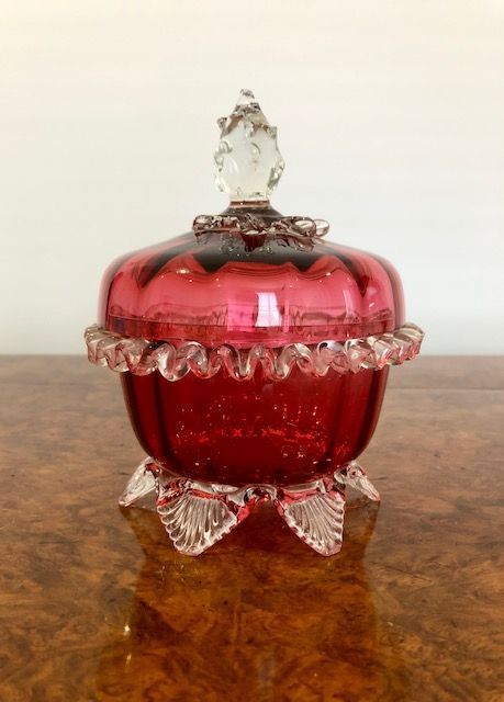 Antique Pretty Antique Victorian quality cranberry glass lidded bowl