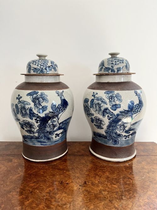 Antique Quality pair of antique Chinese crackle ware lidded vases