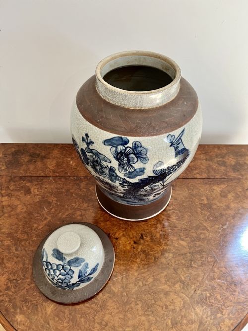 Antique Quality pair of antique Chinese crackle ware lidded vases