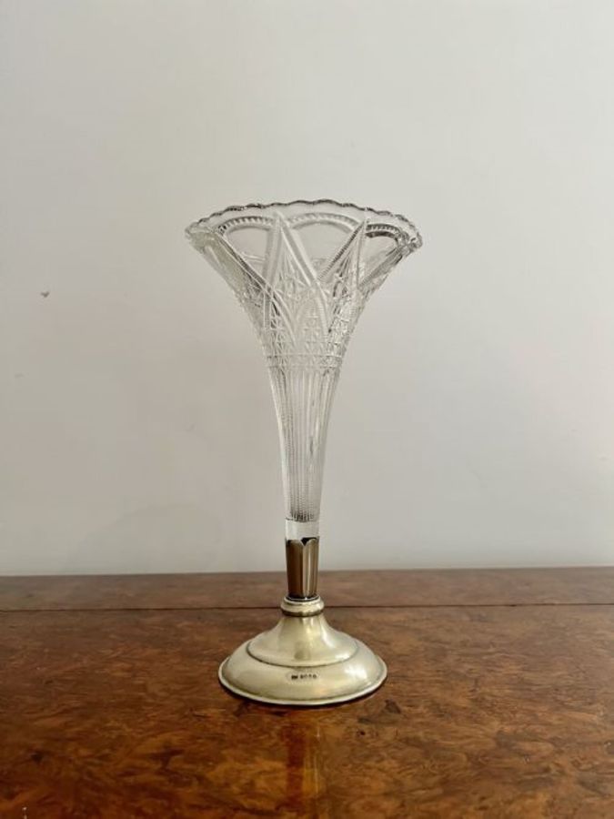 Antique Fine quality antique Edwardian cut glass and silver plated fluted spill vase 