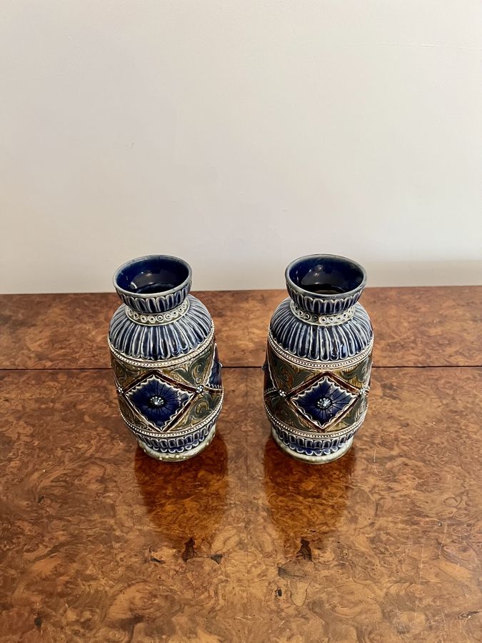 Antique Attractive pair of quality antique Victorian Doulton Lambeth vases by Emily Edwards 