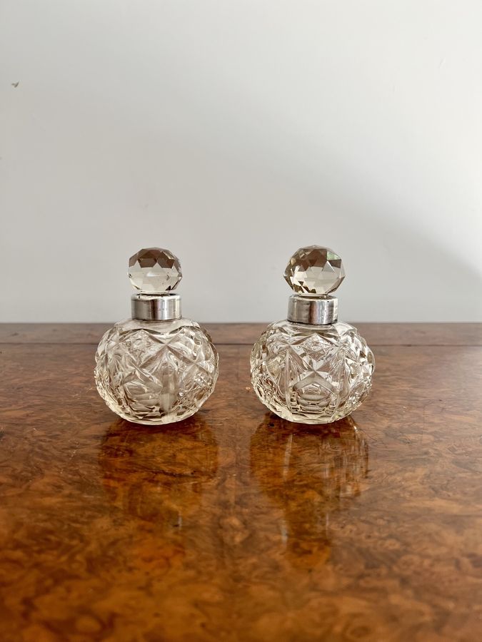 Antique Quality pair of antique Edwardian silver collar & cut glass scent bottles 