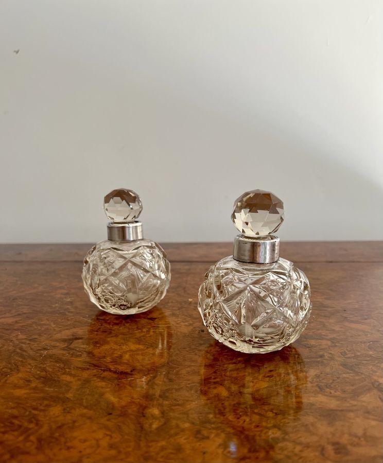 Antique Quality pair of antique Edwardian silver collar & cut glass scent bottles 