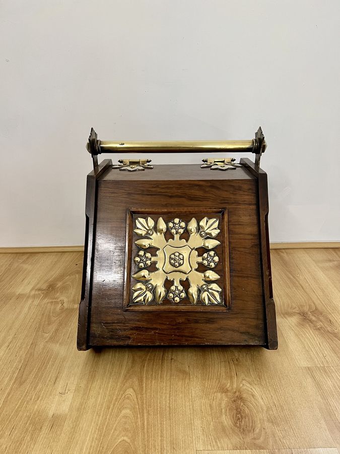Antique Unusual antique Victorian quality walnut and brass coal box 