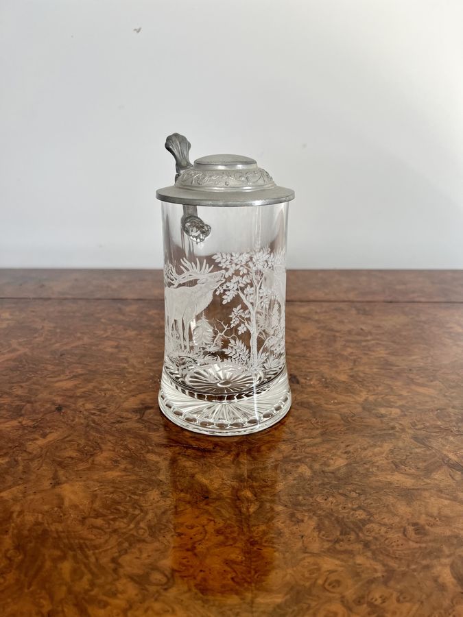 Antique Outstanding quality antique etched glass tankard 