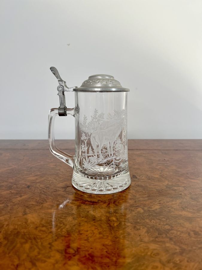 Antique Outstanding quality antique etched glass tankard 