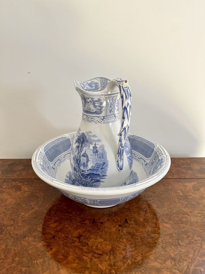 Antique Quality antique Victorian blue and white jug and bowl set 