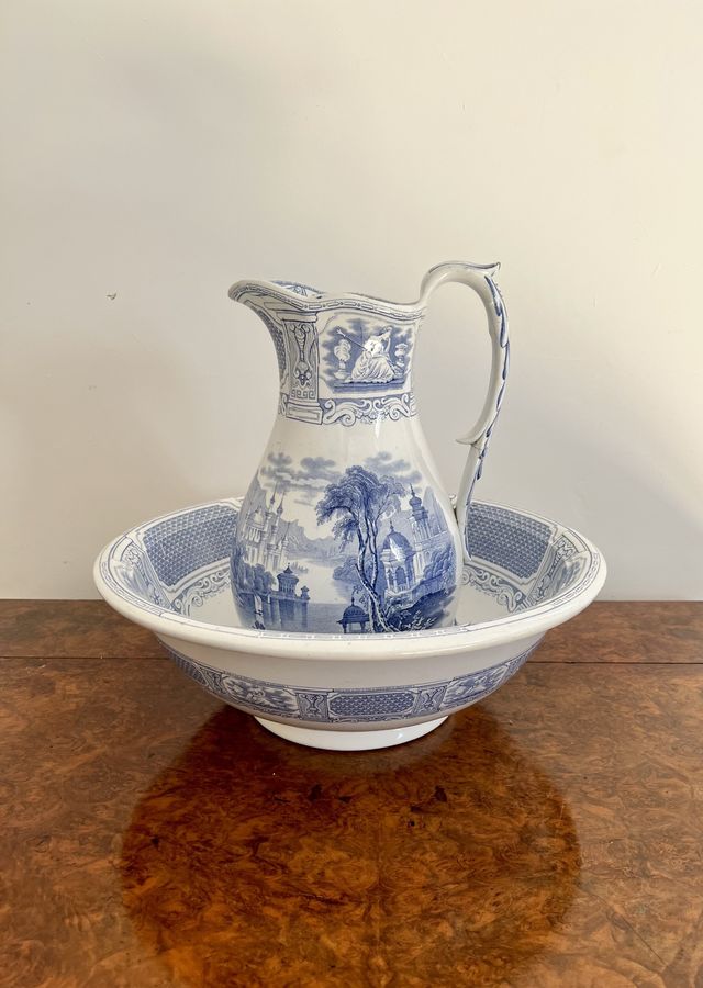 Antique Quality antique Victorian blue and white jug and bowl set 