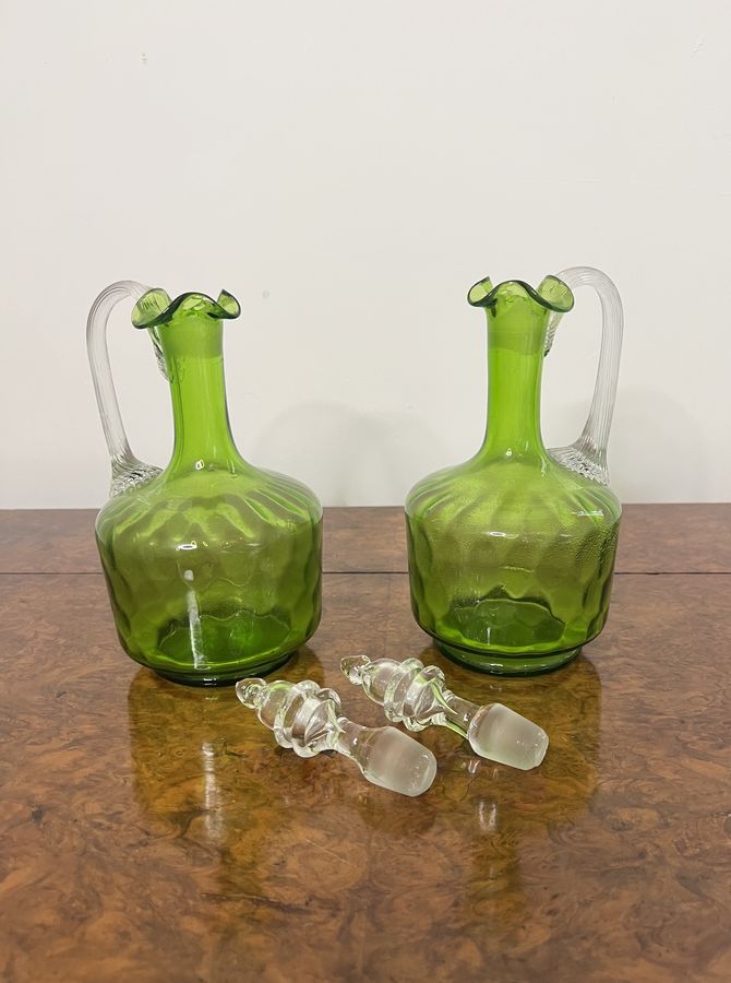 Antique Fine quality pair of antique Victorian green glass decanters 