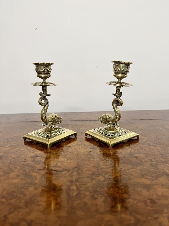 Antique Pair of antique Edwardian quality unusual brass candlesticks 