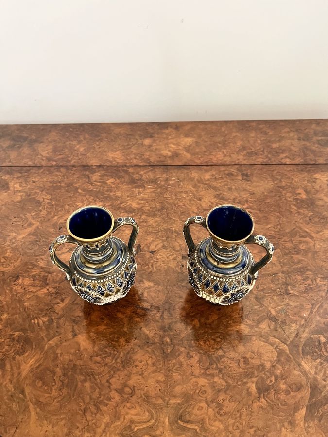 Antique Fine quality pair of antique Victorian Doulton Lambeth small vases 