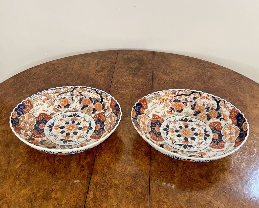 Outstanding quality pair of antique Japanese Imari large scalloped edge bowls