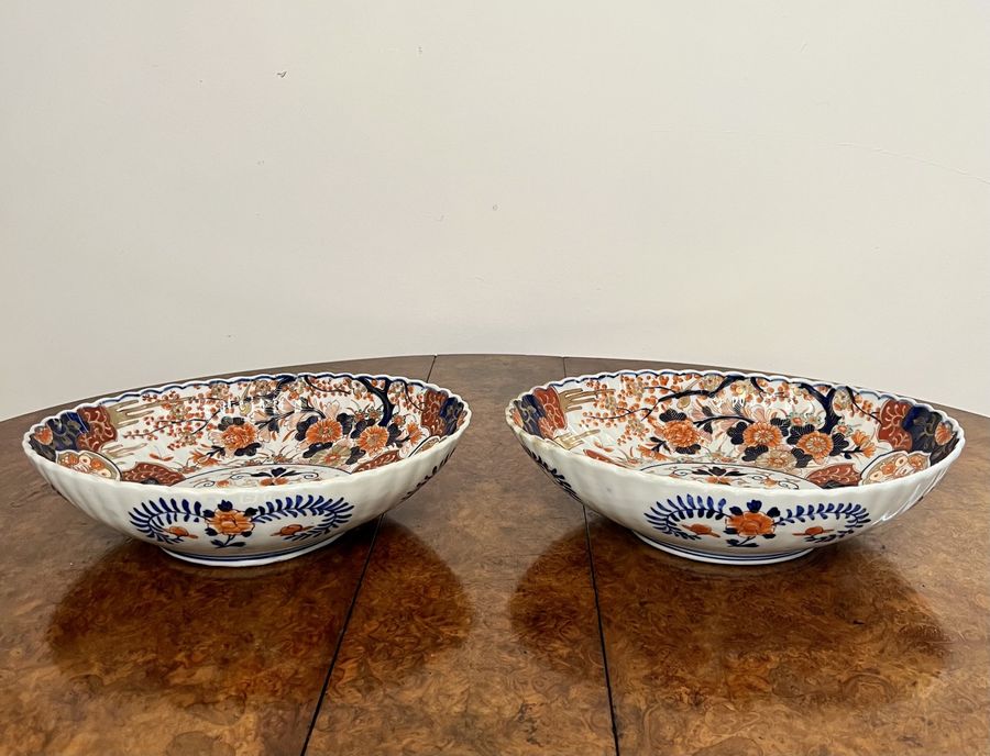 Antique Outstanding quality pair of antique Japanese Imari large scalloped edge bowls 