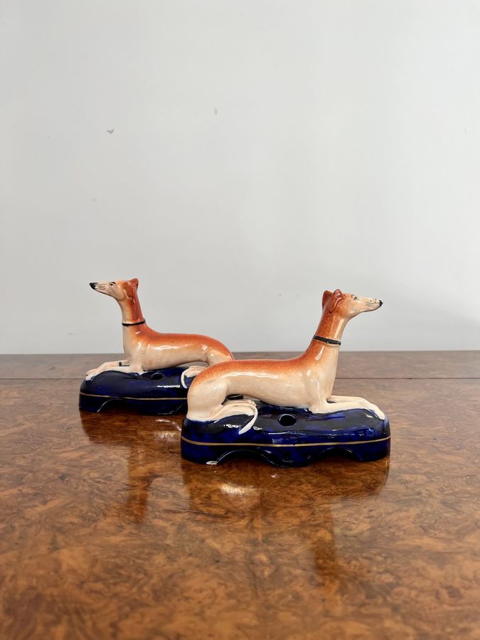 Antique Quality pair of antique Victorian Staffordshire greyhound inkwells