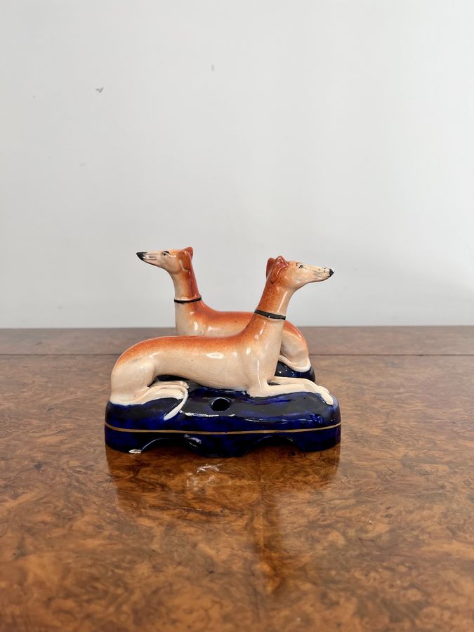 Antique Quality pair of antique Victorian Staffordshire greyhound inkwells