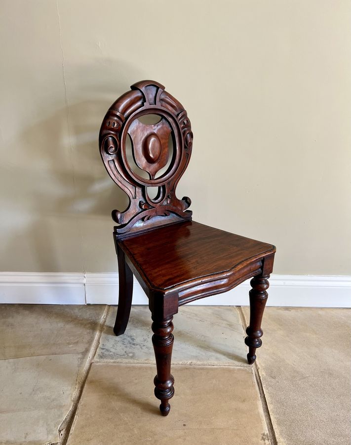 Antique Quality pair of antique Victorian quality carved mahogany hall chairs 