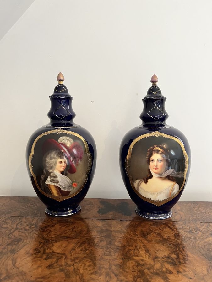 Pair of quality antique Victorian porcelain hand painted lidded vases