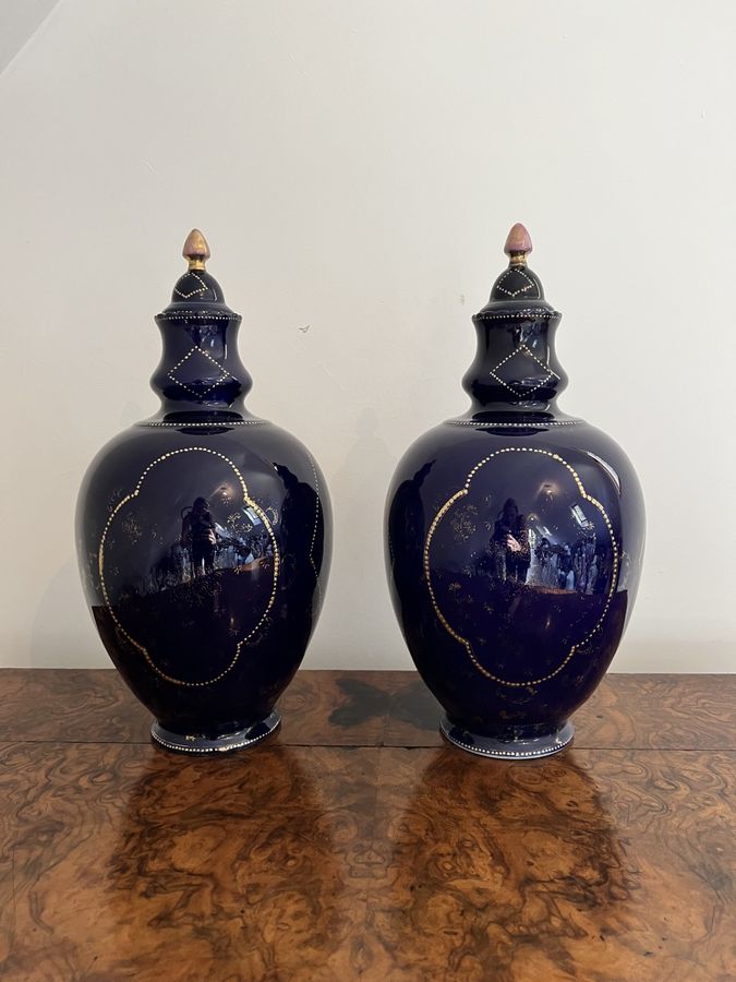 Antique Pair of quality antique Victorian porcelain hand painted lidded vases 