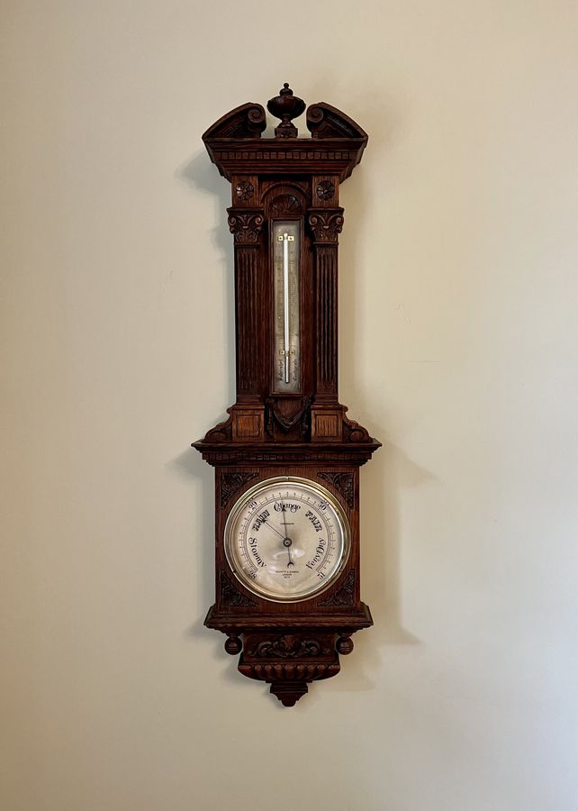 Antique Large antique Victorian quality carved oak aneroid barometer by Negretti & Zambra of London