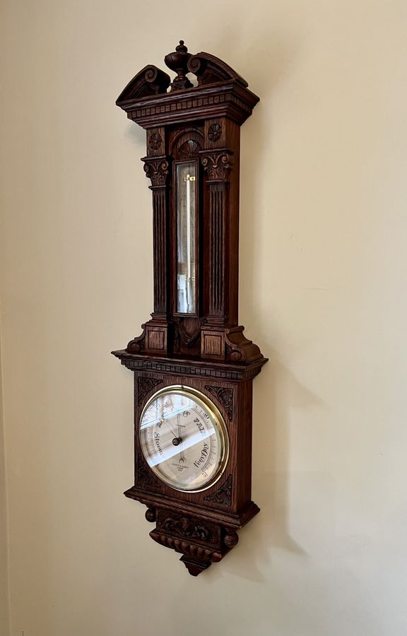 Antique Large antique Victorian quality carved oak aneroid barometer by Negretti & Zambra of London