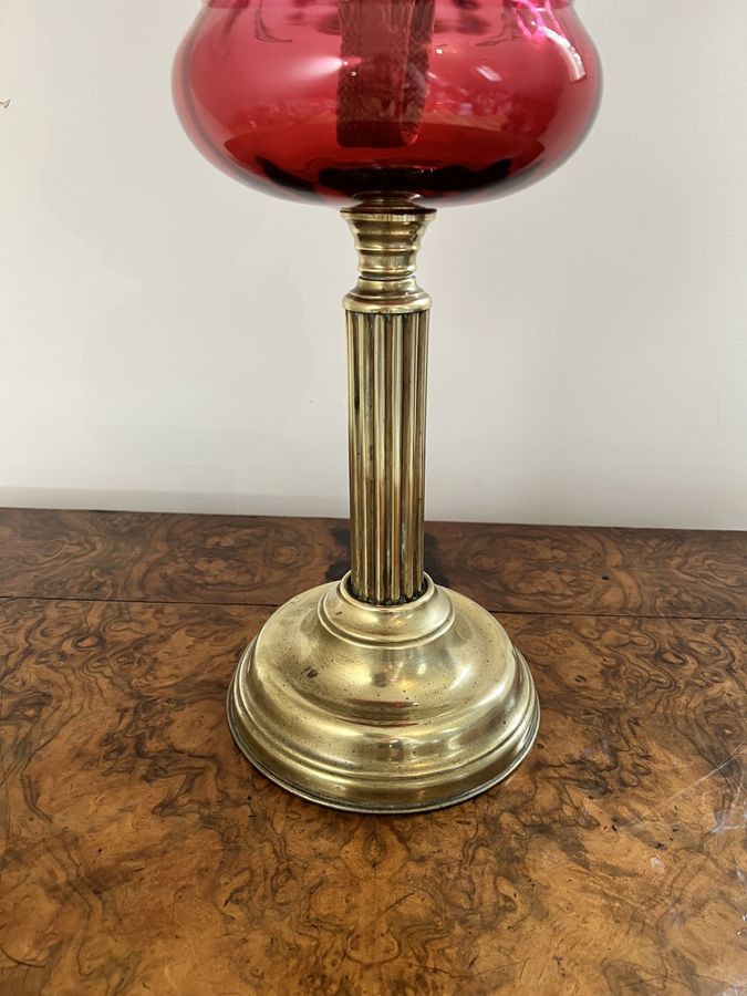 Antique Fantastic quality large antique Victorian cranberry glass and brass oil lamp