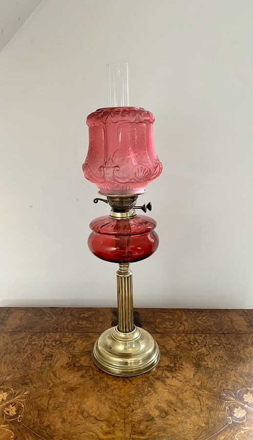 Antique Fantastic quality large antique Victorian cranberry glass and brass oil lamp