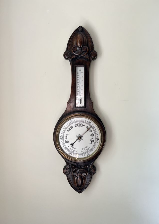 Antique Quality antique Edwardian carved oak aneroid barometer 