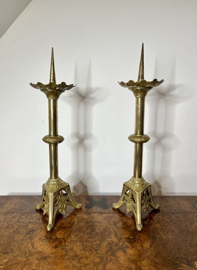 Antique Fantastic large pair of antique brass pricket candlesticks 