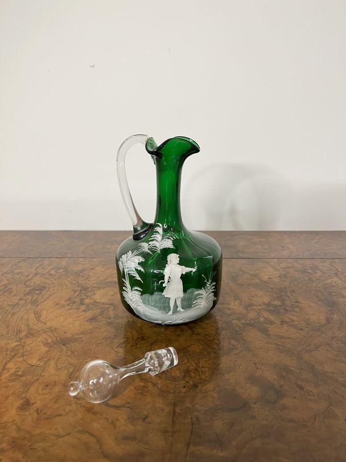 Antique Stunning quality antique Victorian Mary Gregory green glass ewer 
