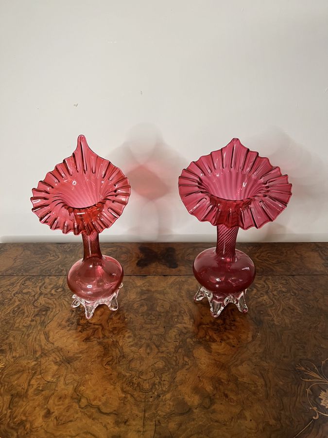 Antique Quality pair of antique Victorian cranberry glass jack in the pulpit vases