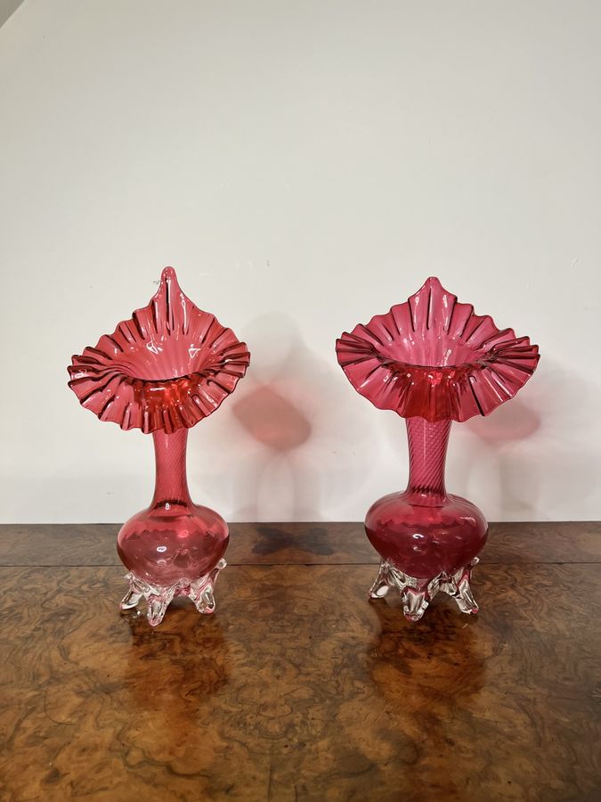 Antique Quality pair of antique Victorian cranberry glass jack in the pulpit vases