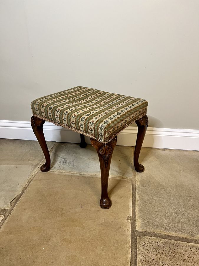 Carved Mahogany 1910 Antique Footstool, Hand Stitched Needlepoint Upholstery