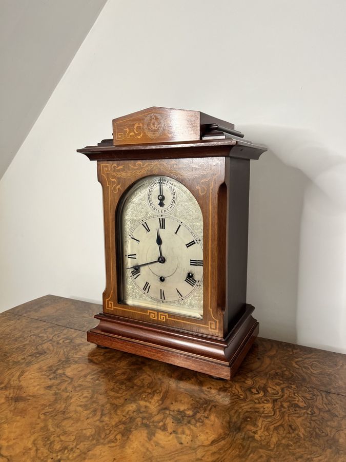 Antique Antique Edwardian quality rosewood inlaid chiming 8 day mantle clock 