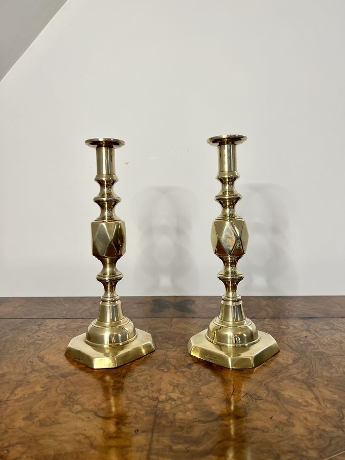Antique Large pair of antique Victorian quality brass candlesticks queen of diamonds