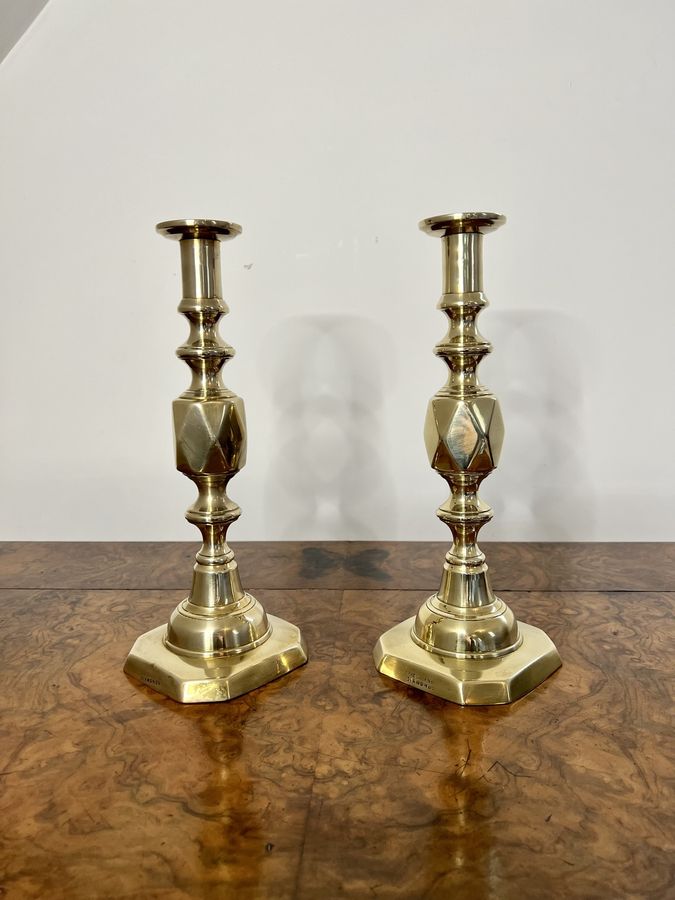 Antique Large pair of antique Victorian quality brass candlesticks queen of diamonds