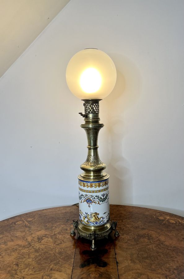 Quality antique Victorian ceramic and brass lamp