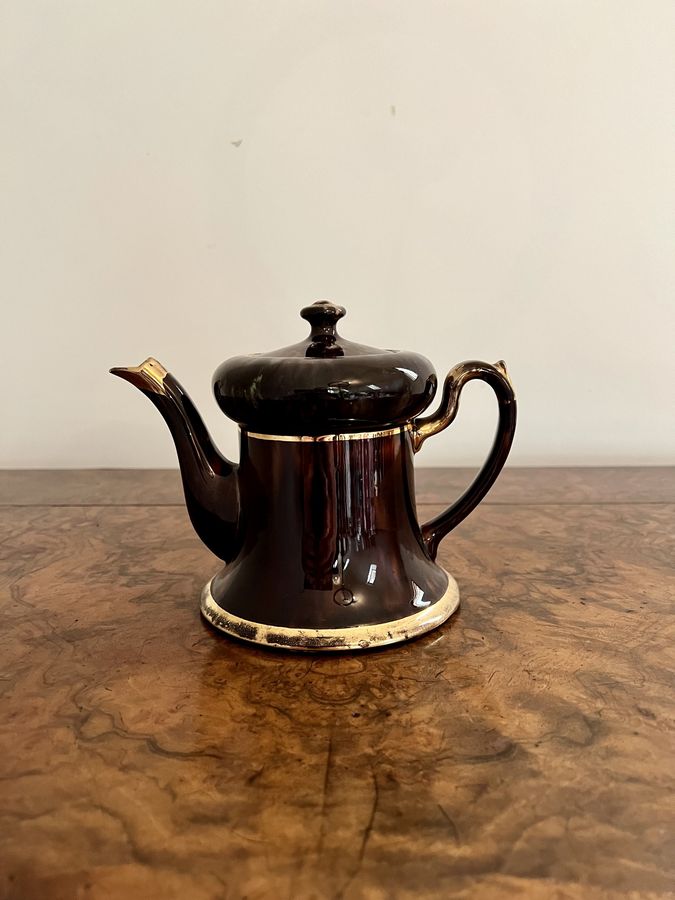 Unusual antique Edwardian glazed brown and gold teapot