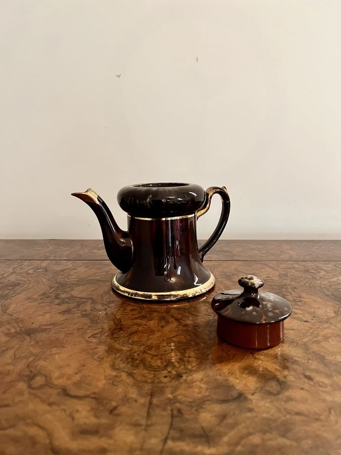 Antique Unusual antique Edwardian glazed brown and gold teapot