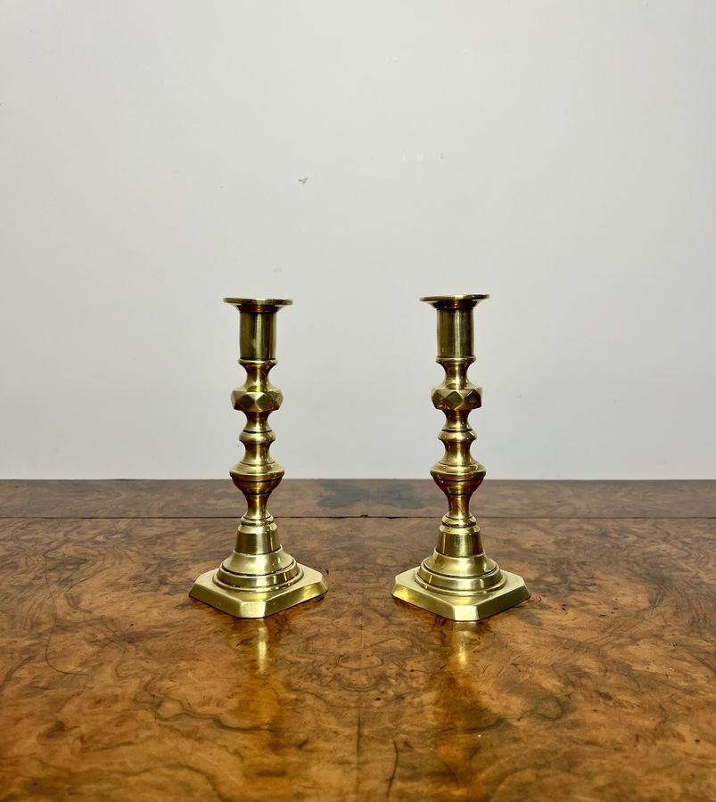 Antique Lovely pair of antique Victorian small brass candlesticks 